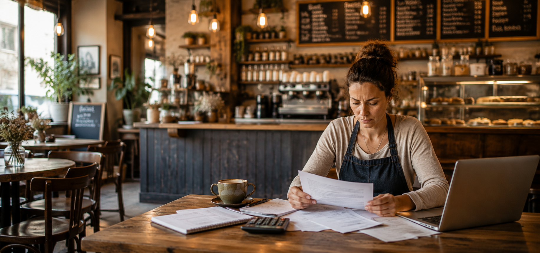 A café owner reviewing important paperwork beside her laptop